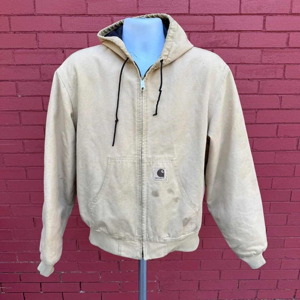 Vtg 90s‎ Carhartt Duck Detroit Chore Hooded Jacket Large Sandstone Quilt Lined